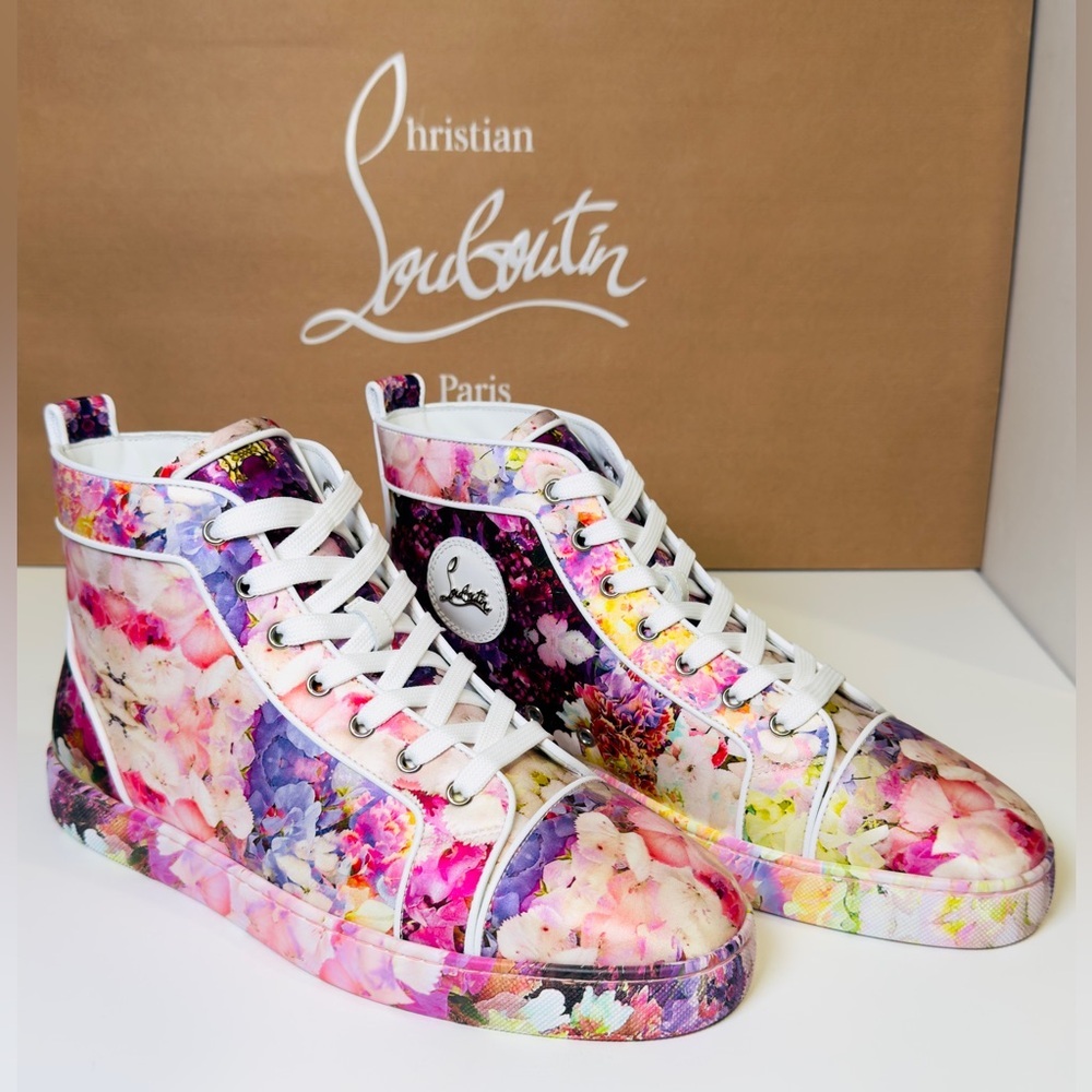 Christian Louboutin Blooming Orlato Abstract-print Silk High-top Trainers EU 44 - Picture 5 of 16